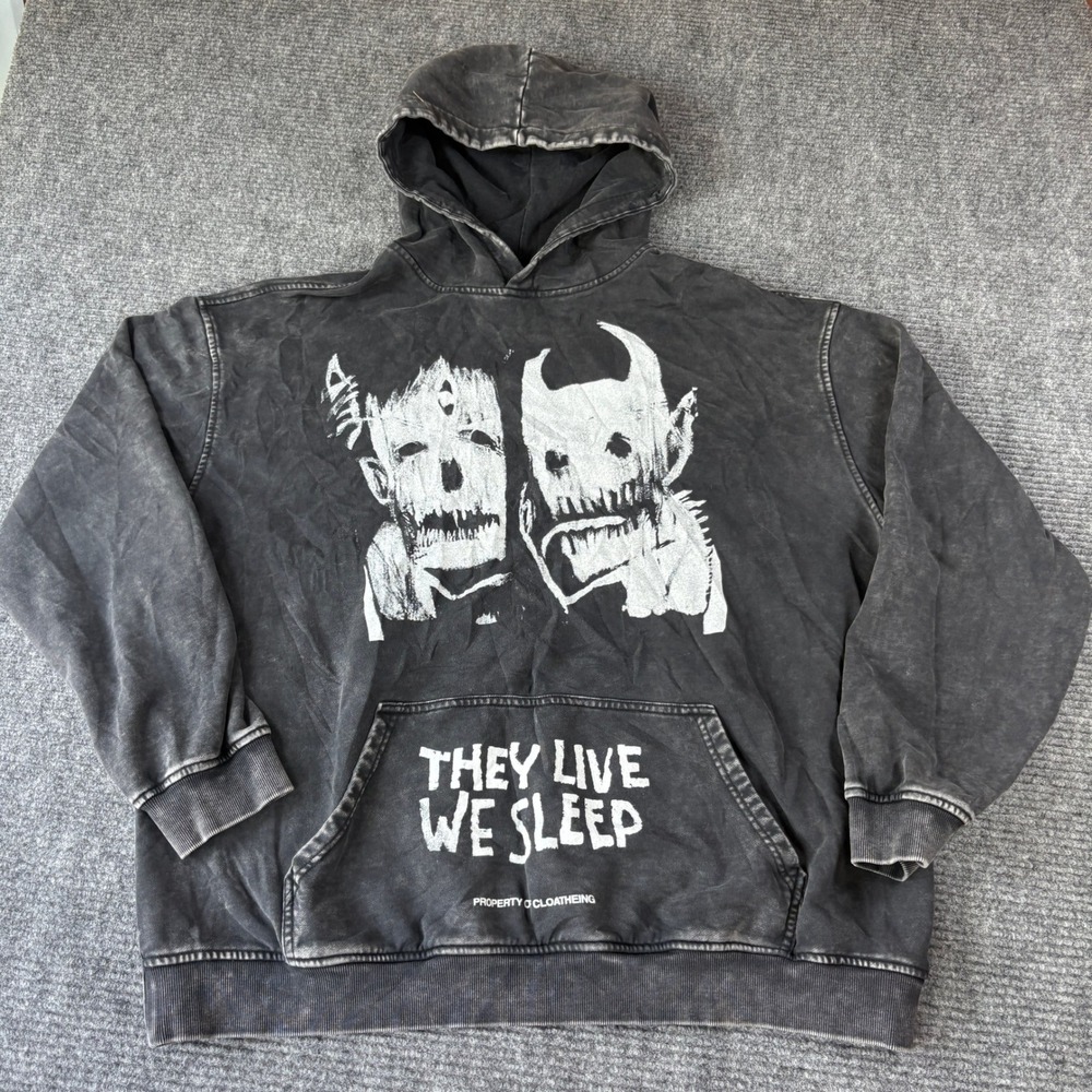 Cloatheing They Live We Sleep Graphic Hoodie Black Acid Wash Mens XL Streetwear